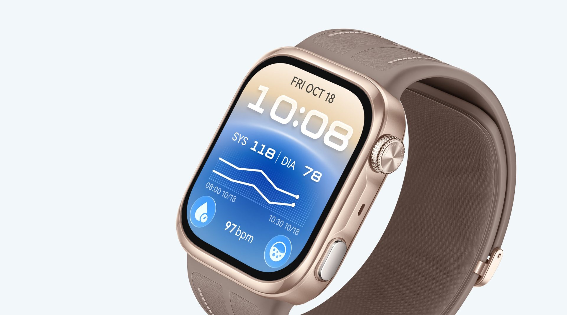 Mokka-arany Huawei Watch D3 nagy méretű kijelzővel és vérnyomáskövető felülettel.
