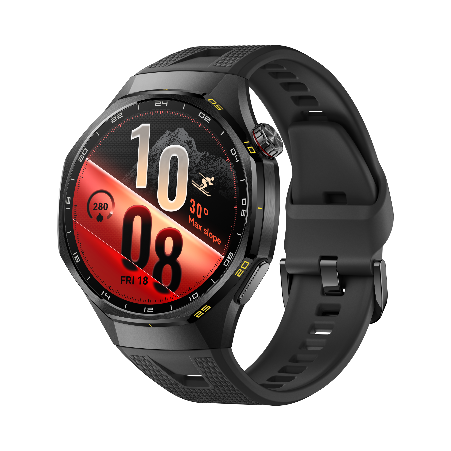 Fekete Huawei Watch GT 7 Pro háromnegyedes nézetből, kör alakú kijelzővel és fekete sportszíjjal.
