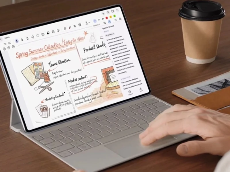 Huawei MatePad Pro 12 (2026) táblagép Glide Keyboard billentyűzettel, megnyitott jegyzetelő felülettel.