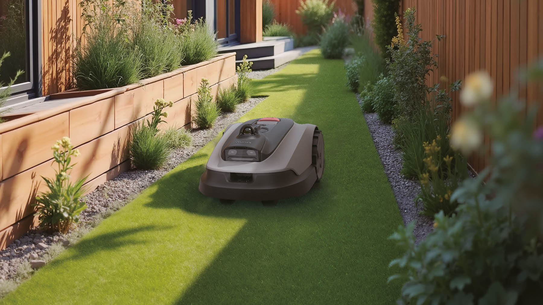 Roborock RockNeo Q2 LiDAR fűnyírórobot egy keskeny, növényekkel határolt gyepsávon.