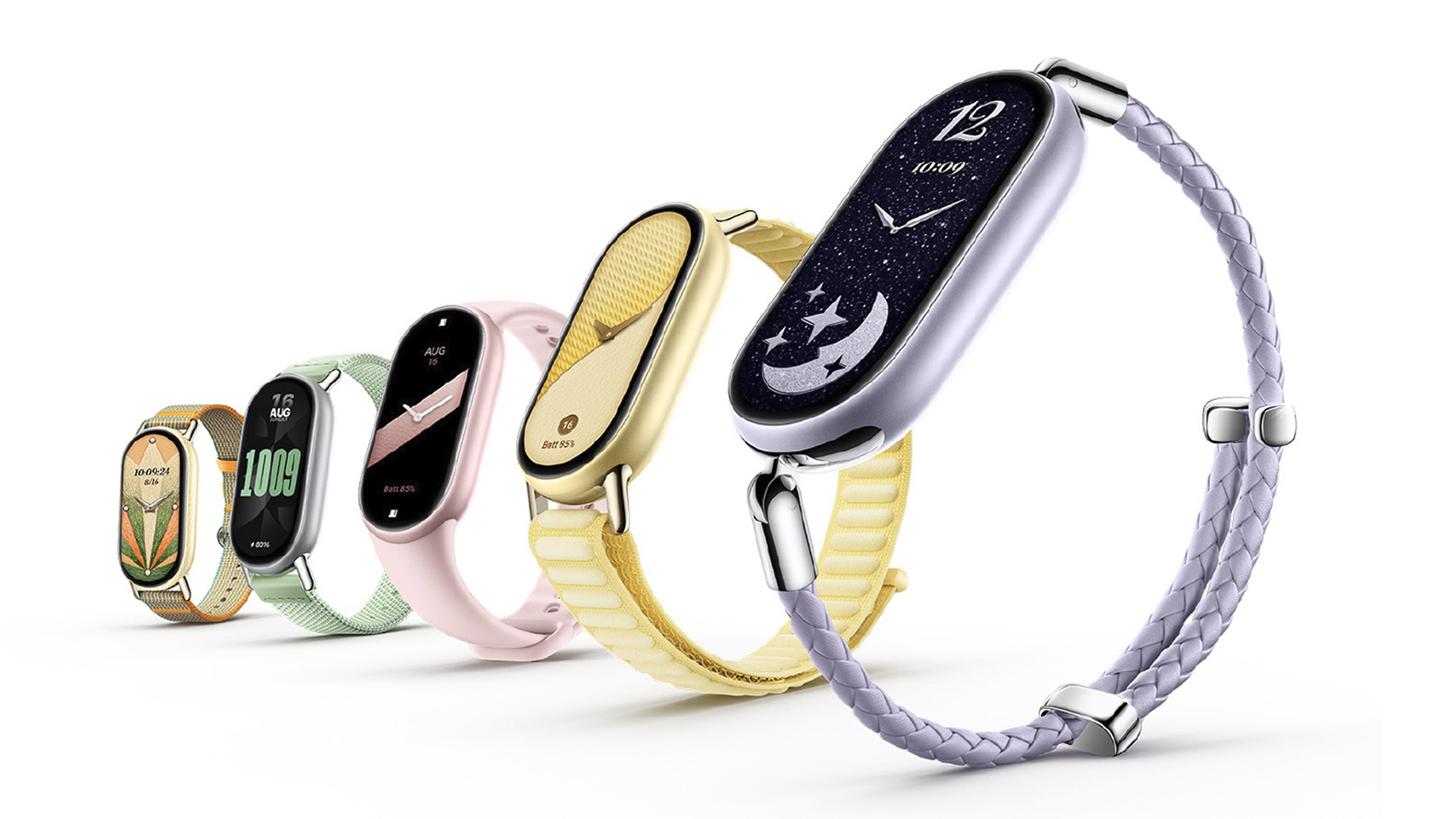 Xiaomi Smart Band 11 okoskarkötők többféle színű házzal és szíjjal, fehér háttéren.