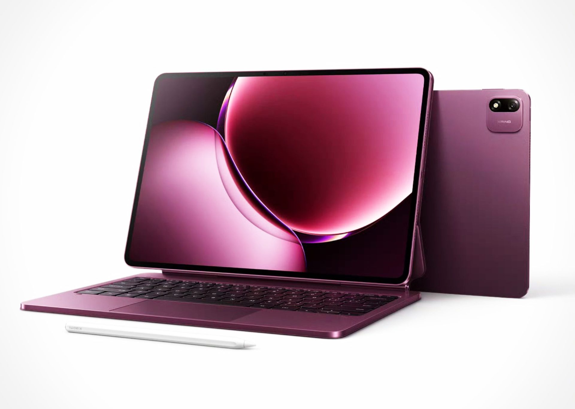 Bordó Xiaomi Pad 9 Pro Max tablet elöl- és hátulnézetben, hozzá illő lebegő billentyűzettel és fehér tollal.
