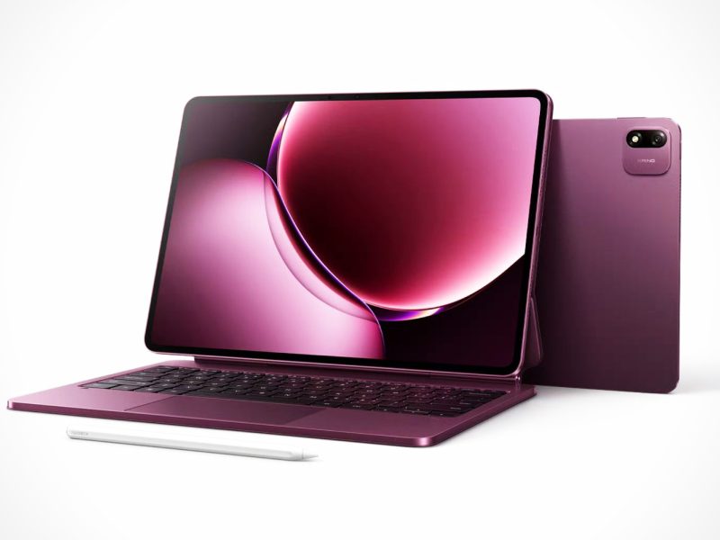 Bordó Xiaomi Pad 9 Pro Max tablet elöl- és hátulnézetben, hozzá illő lebegő billentyűzettel és fehér tollal.