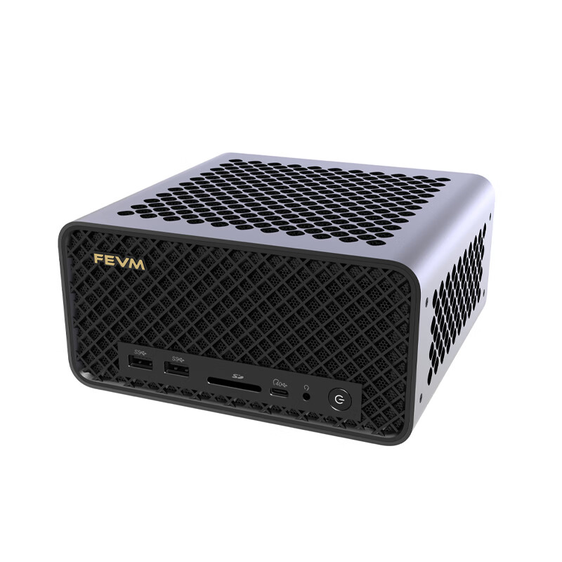 Az FEVM FA80G ezüst-fekete mini-PC gyártói renderen, elöl- és oldalnézetből.