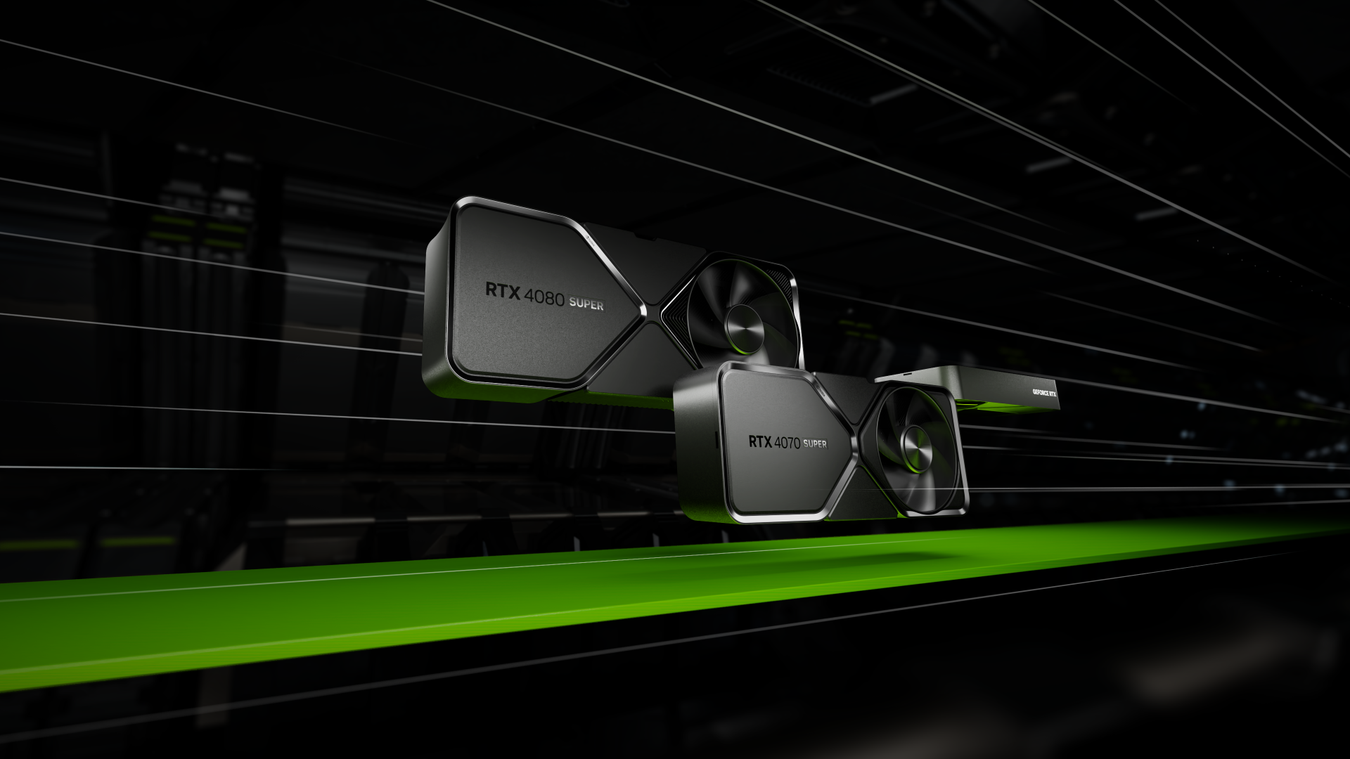 Nvidia GeForce RTX 4080 SUPER és RTX 4070 SUPER videokártyák zöld-fekete háttér előtt