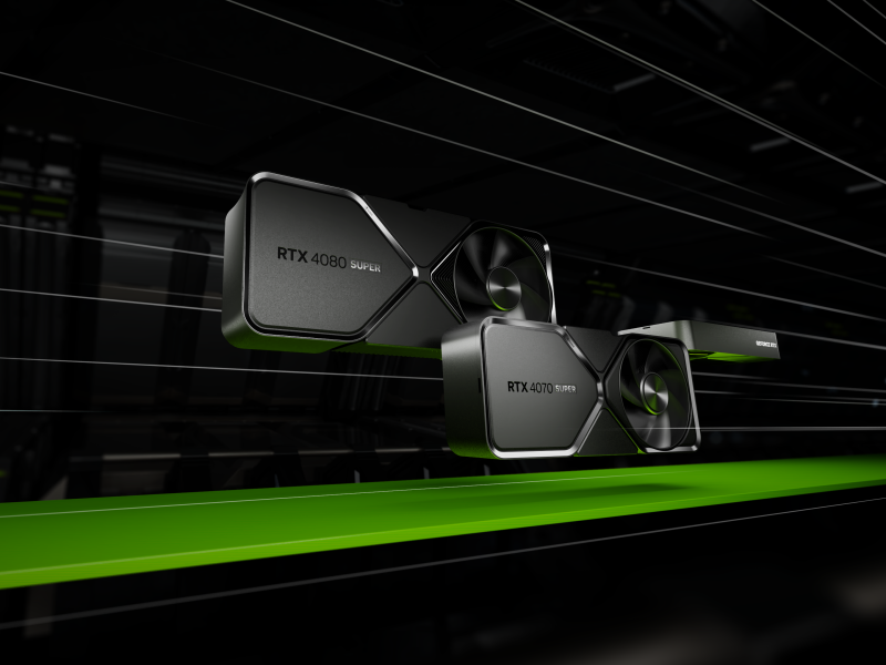 Nvidia GeForce RTX 4080 SUPER és RTX 4070 SUPER videokártyák zöld-fekete háttér előtt