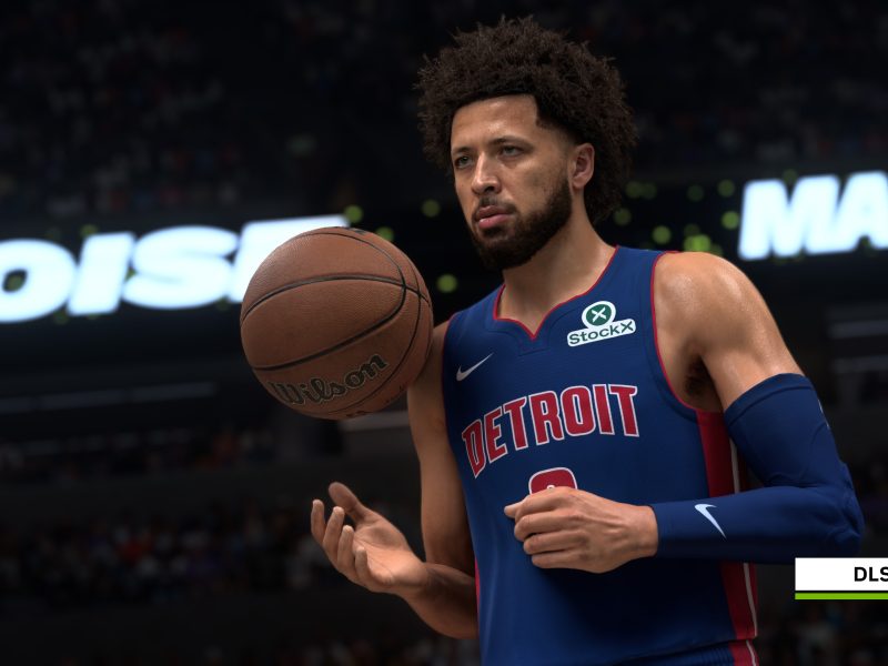 Cade Cunningham digitális alakja az NBA 2K27-ben, kezében kosárlabdával, a képen DLSS 5 On jelöléssel.
