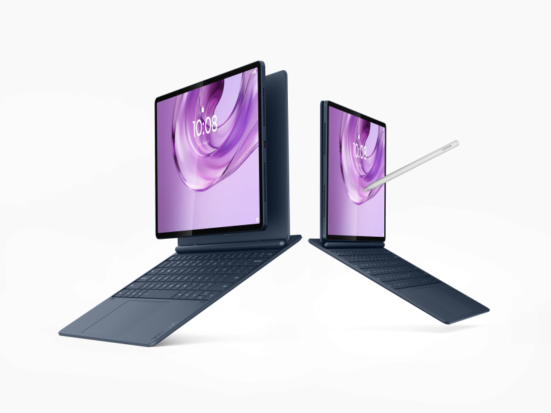 Cosmic Blue Lenovo Yoga Tab Plus Gen 2 tablet több nézetben, tollal és billentyűzetes tokkal.