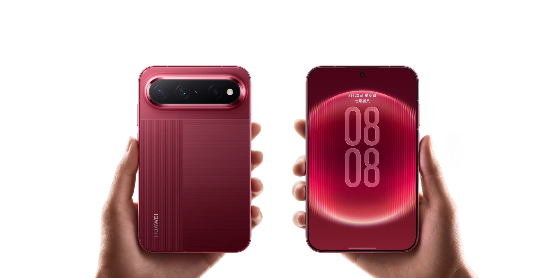 Két kézben tartott vörös Huawei Pura X View elöl- és hátulnézetből, széles kijelzővel és vízszintes kameramodullal.