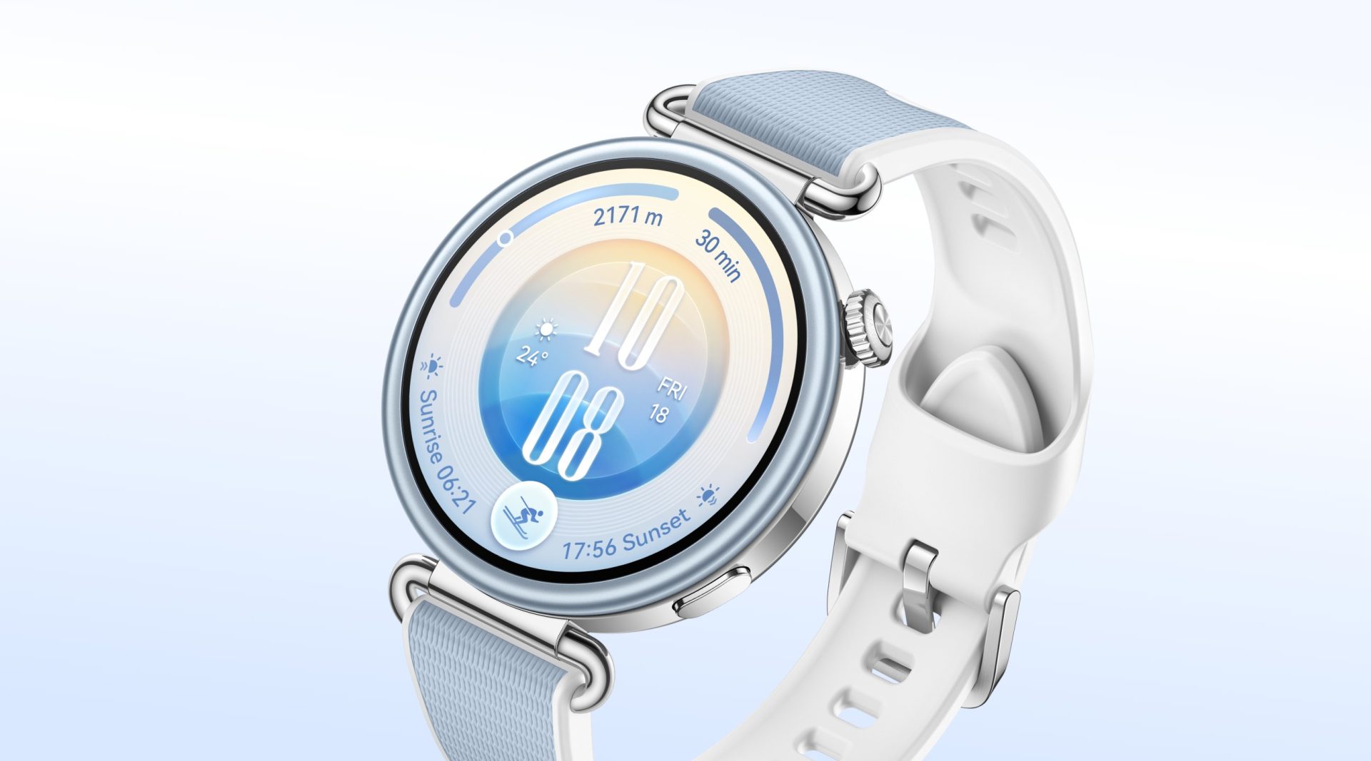 Kék-fehér Huawei Watch GT 7 okosóra közelről, bekapcsolt kijelzővel.