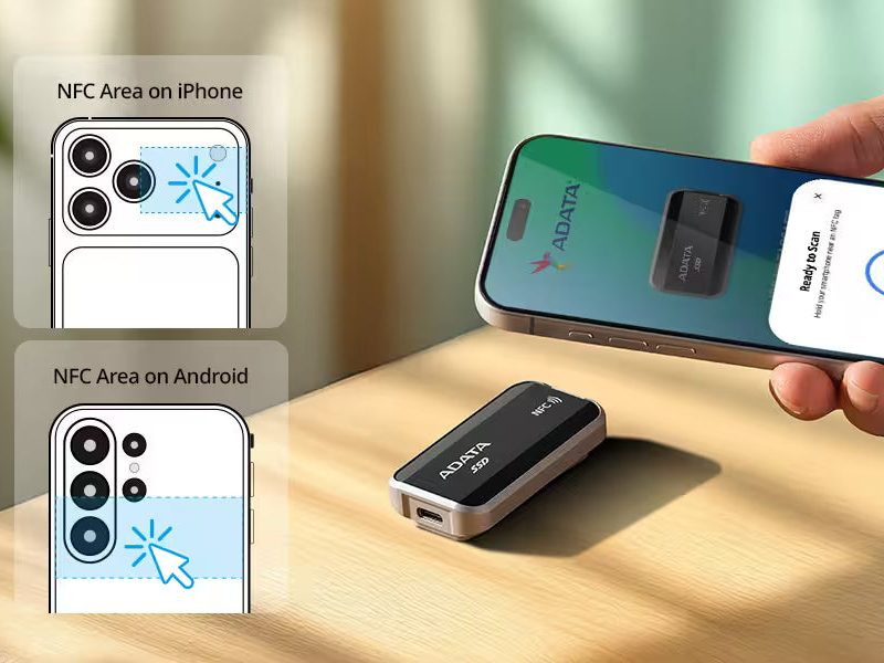 Telefon az ADATA URBAN TAPSAFE külső SSD fölött, az iPhone és Android NFC-érintési pontjainak jelölésével.