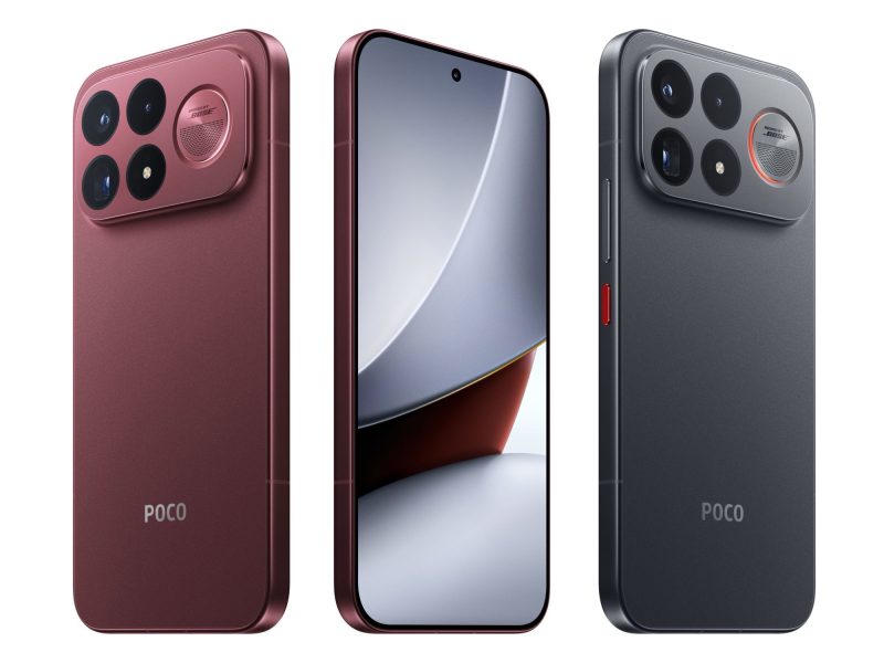 Bordó Poco F9 Ultra elölről és hátulról, mellette a sötétszürke változat hátlapja.